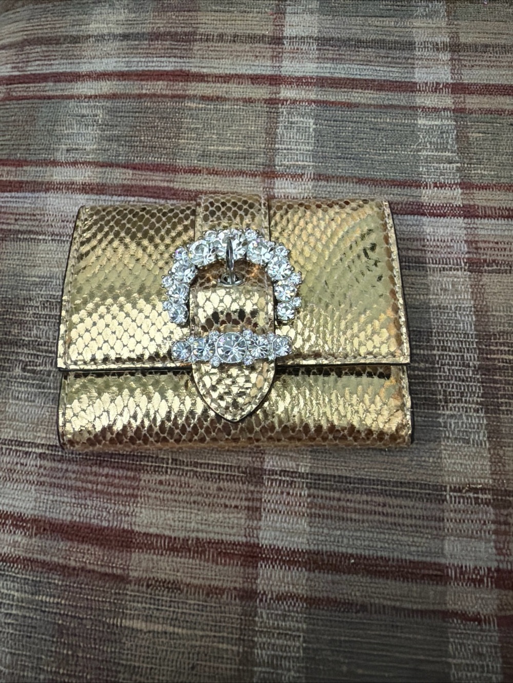 Jimmy Choo Gold Metallic Snake-Embossed Crystal Buckle Wallet